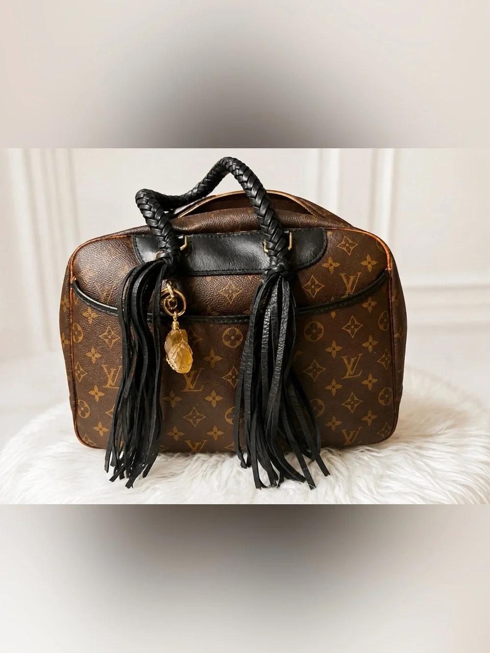 Louis Vuitton Brown Monogram Satchel with Black Fringe Handles